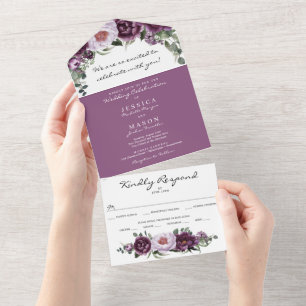 Invitation Tout En Un All in One Plum Peonies Mariage romantique Invitat