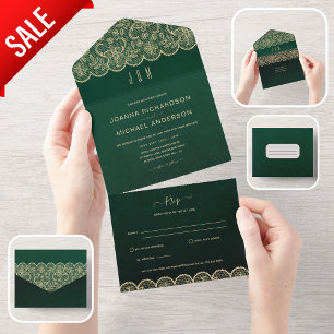Invitation Tout En Un All In One Rustic Green Lace Mariage avec RSVP