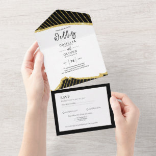 Invitation Tout En Un All Inclusive 3 Black Gold thème mariage RSVP