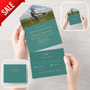 Invitation Tout En Un All Inclusive Turquoise Gold photo Wedding RSVP