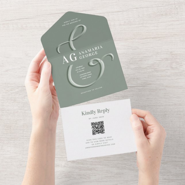 Invitation Tout En Un Ampersand Sage Green Mariage Tout en un (Déchirure)