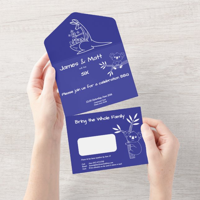 Invitation Tout En Un Amusants Blue Australian Animaux Jumeaux 6e annive (Déchirure)