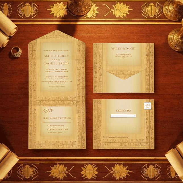 Invitation Tout En Un Ancient Gold Hieroglyphic Motifs Egyptian Wedding (Créateur téléchargé)