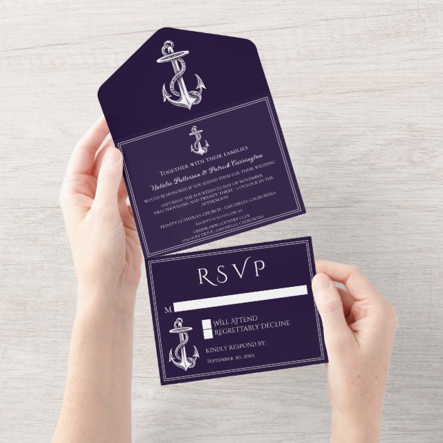 Invitation Tout En Un Ancre marine violette (Déchirure)