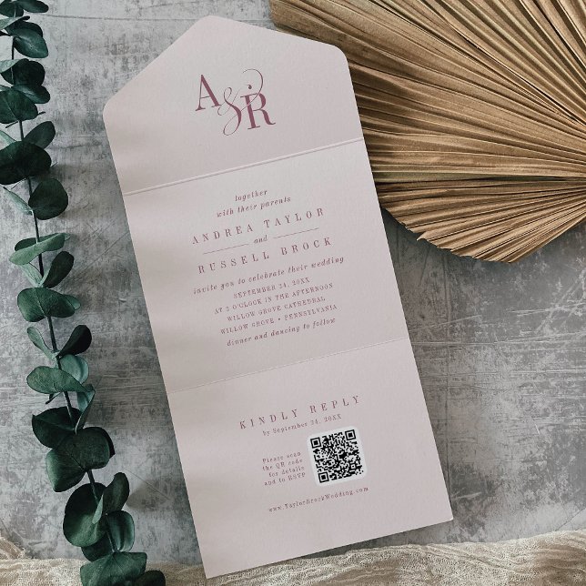 Invitation Tout En Un ANDREA QR Code Burgundy Blush Pink Simple Wedding (ANDREA QR Code Burgundy Blush Pink Simple Wedding All In One Invitation)