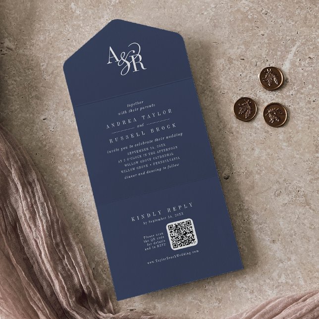 Invitation Tout En Un ANDREA QR Code Navy Blue Simple Minimal Wedding (ANDREA QR Code Navy Blue Simple Minimal Wedding All In One Invitation)