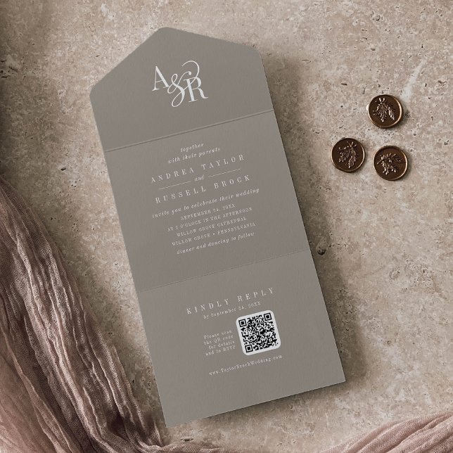 Invitation Tout En Un ANDREA QR Code Rustic Taupe Simple Minimal Wedding (ANDREA QR Code Rustic Taupe Simple Minimal Wedding All In One Invitation)