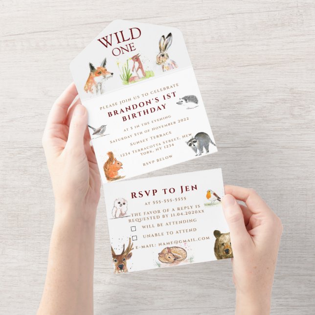 Invitation Tout En Un Animaux boisés mignons Sauvages Un garçon d'annive (Déchirure)