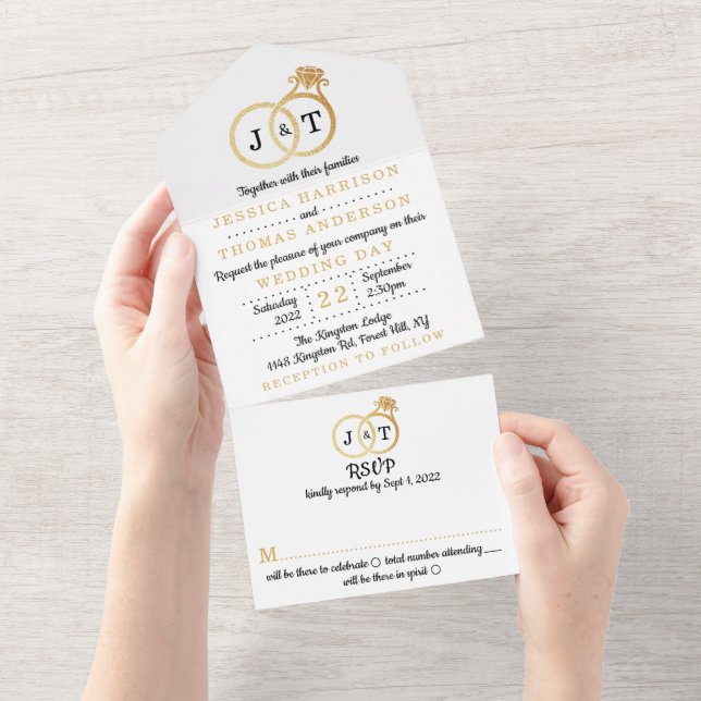 Invitation Tout En Un Anneaux de mariage à monogramme en feuille d'or fa (Déchirure)
