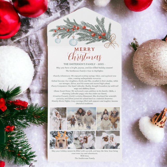 Invitation Tout En Un Année d'examen pin rouge Joyeux Noël 6 photos (Year review pine red Merry Christmas 6 photos All In One Invitation)