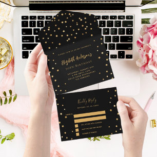 Invitation Tout En Un Anniversaire Black or stars parti RSVP