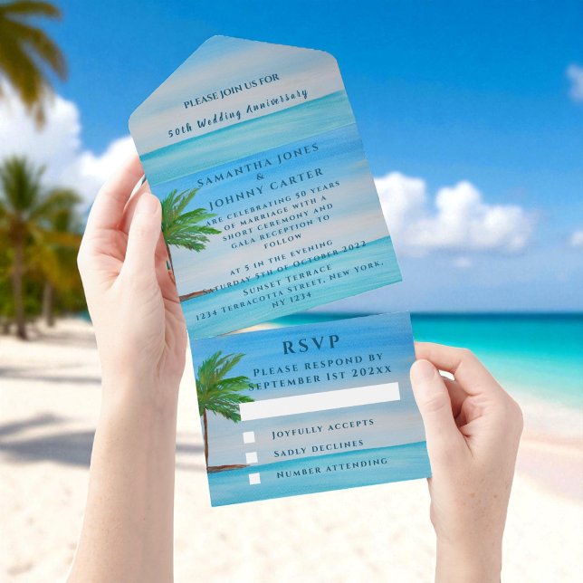 Invitation Tout En Un Anniversaire du Mariage tropical de la plage (Créateur téléchargé)