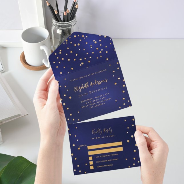 Invitation Tout En Un Anniversaire Marine bleu or stars parti RSVP (Créateur téléchargé)