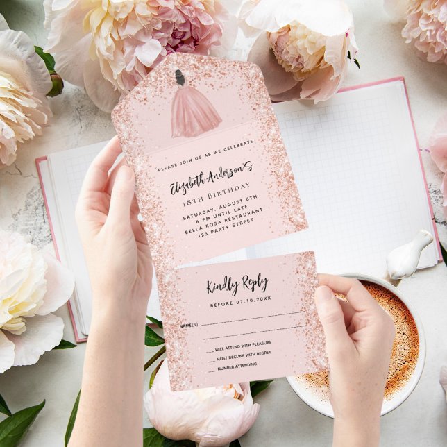 Invitation Tout En Un Anniversaire rose robe blush or fête RSVP (Créateur téléchargé)