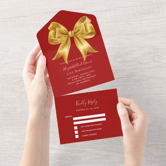 Invitation Tout En Un Anniversaire rouge or arc rsvp (Déchirure)