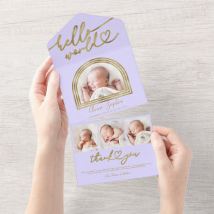 Invitation Tout En Un Annonce de naissance Chic Cadre Arch Hello World