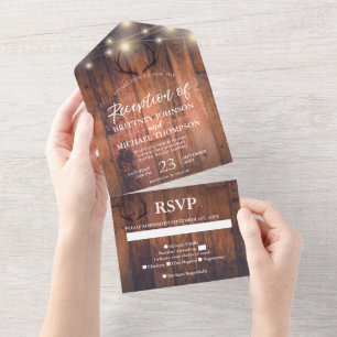 Invitation Tout En Un Antler Rustic String Lights Mariage Réception