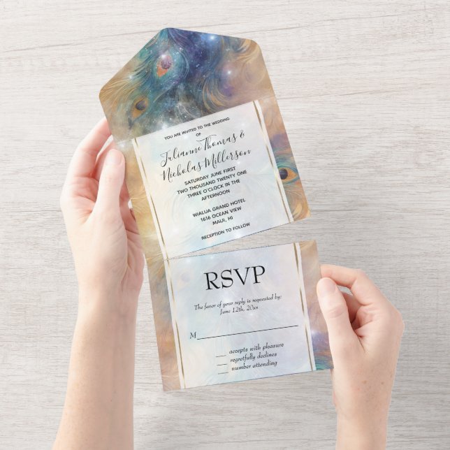 Invitation Tout En Un Aqua Blue Cream Peacock Feathers (Déchirure)