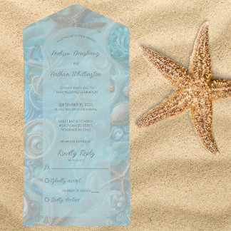 Invitation Tout En Un Aqua et Tan Sea Shops & Starfish