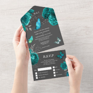 Invitation Tout En Un Aqua gris rose élégant papillon budget glam