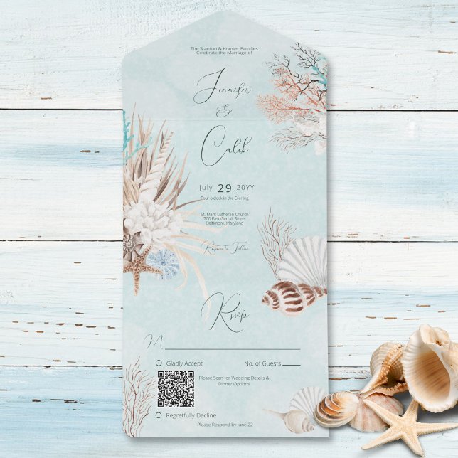 Invitation Tout En Un Aqua Ocean & Shells Code QR moderne (Also available without a QR code; with or without dinner selection options.)