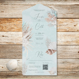 Invitation Tout En Un Aqua Ocean Shells QR Code Mariage