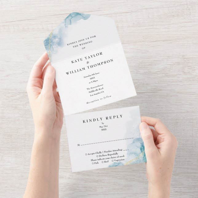 Invitation Tout En Un Aquarelle Abstraite bleue Mariage moderne (Déchirure)