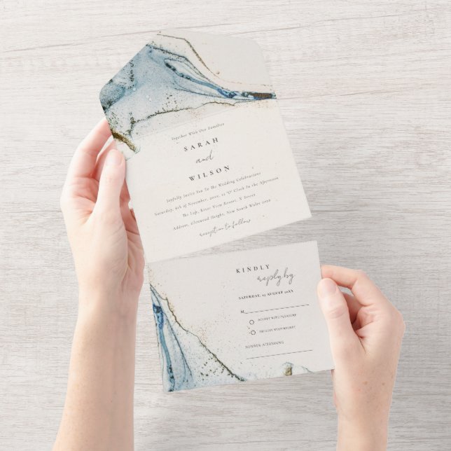 Invitation Tout En Un Aquarelle Abstraite Blue Gold Mariage de plage (Déchirure)