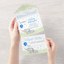 Invitation Tout En Un Aquarelle adorable Eléphants bébé garçon douche