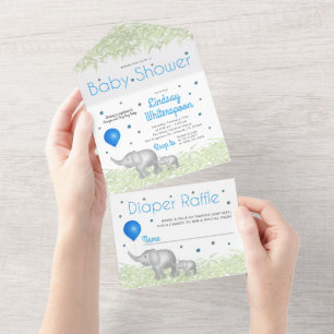 Invitation Tout En Un Aquarelle adorable Eléphants bébé garçon douche