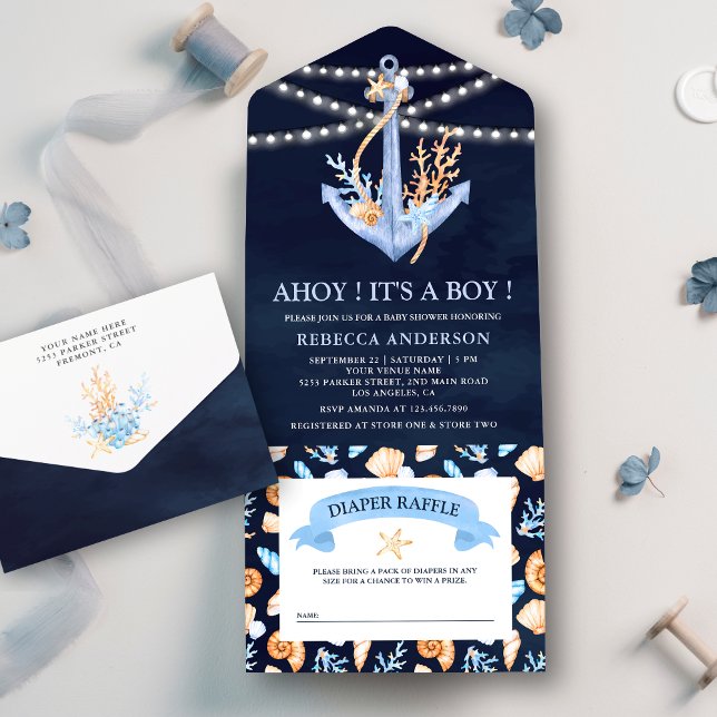 Invitation Tout En Un Aquarelle Ancre marine Baby shower bleu marine (Créateur téléchargé)