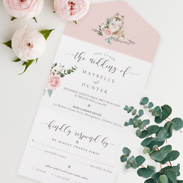 Invitation Tout En Un Aquarelle Animal Poméranien Chien & Rose Florale R (Watercolor Pet Pomeranian Dog & Floral Pink Rose All In One Invitation)
