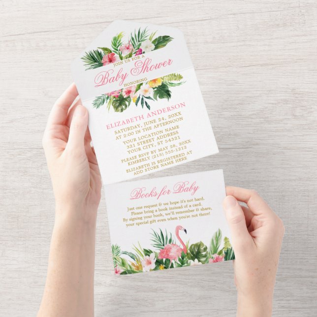 Invitation Tout En Un Aquarelle Baby shower de Flamant rose floral tropi (Déchirure)
