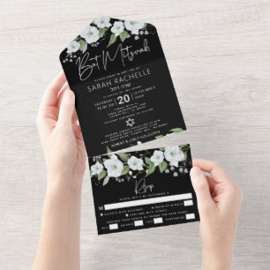 Invitation Tout En Un Aquarelle bat mitzvah noir Argent Script Floral