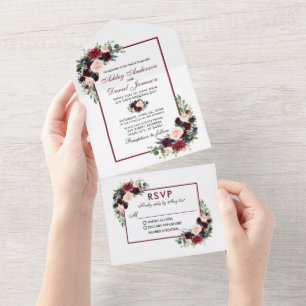 Invitation Tout En Un Aquarelle bleu Bourgogne Mariage floral mixte
