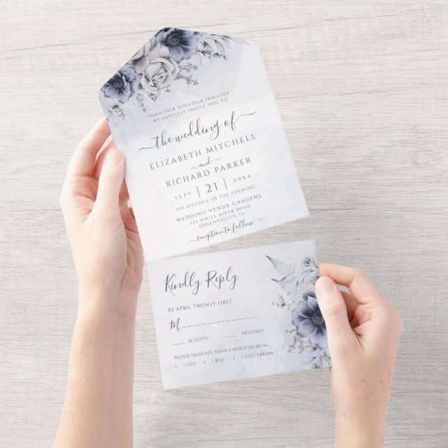 Invitation Tout En Un Aquarelle bleu Dusty Mariage végétal (Déchirure)