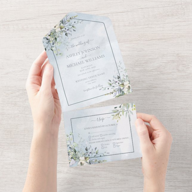 Invitation Tout En Un Aquarelle bleu Dusty vert botanique Script (Déchirure)