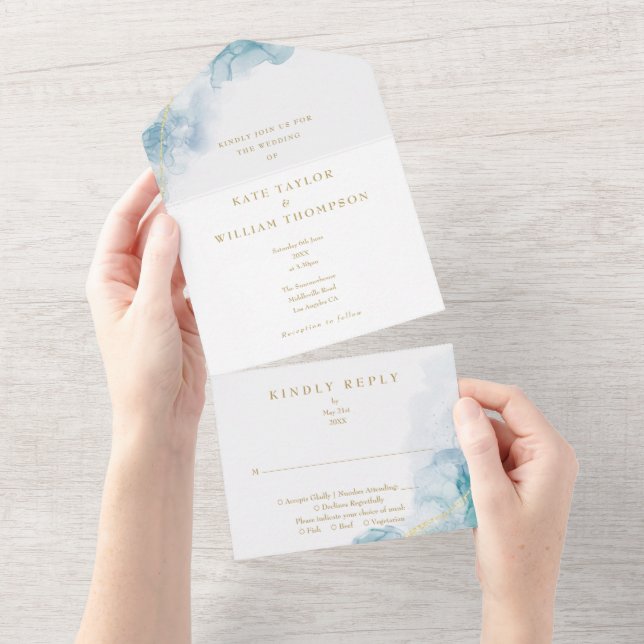 Invitation Tout En Un Aquarelle bleue Mariage or moderne (Déchirure)
