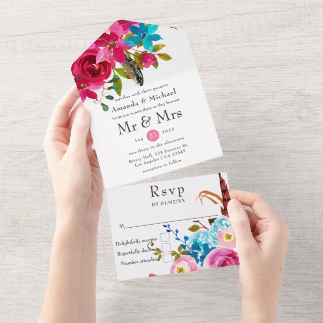 Invitation Tout En Un Aquarelle Boho Chic Floral Mariage (Déchirure)