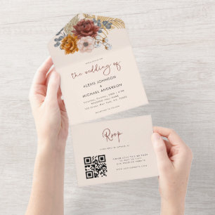 Invitation Tout En Un Aquarelle Boho Floral séché Pampas Grass QR Code