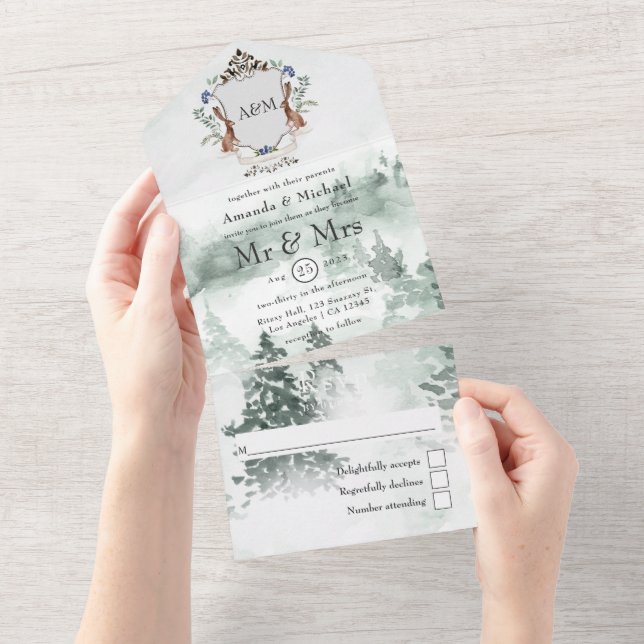 Invitation Tout En Un Aquarelle Bois Laurel Crest Monogramme Mariage (Déchirure)