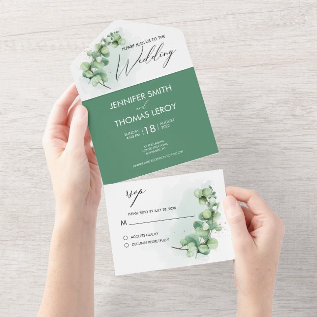 Invitation Tout En Un Aquarelle botanique moderne Eucalyptus Mariage (Déchirure)