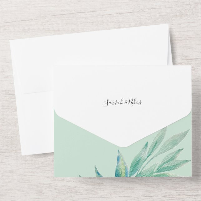Invitation Tout En Un Aquarelle botanique verte bleue minimale (Verso)
