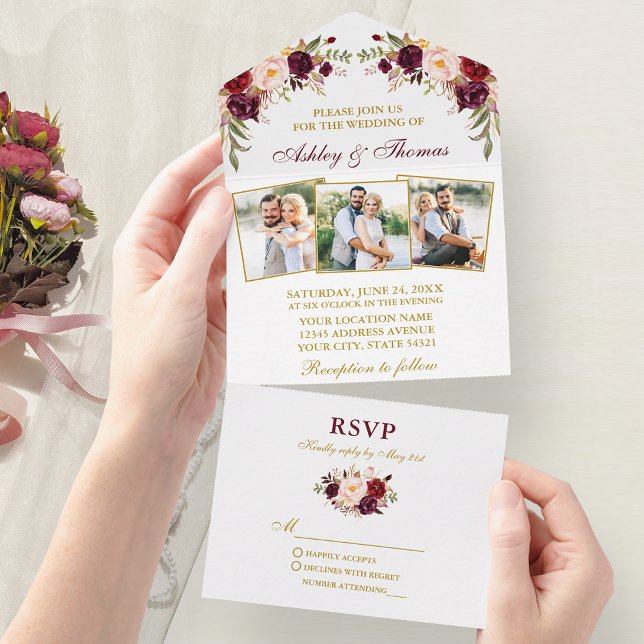 Invitation Tout En Un Aquarelle Bourgogne Floral 3 Photo Mariage or (All In One Wedding Invitation with tear off RSVP Card)