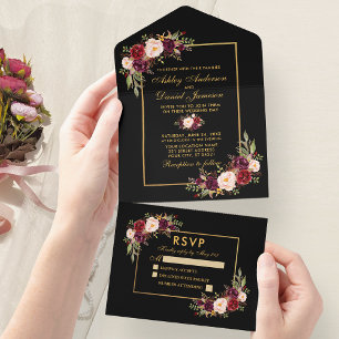 Invitation Tout En Un Aquarelle Bourgogne Floral Mariage Or