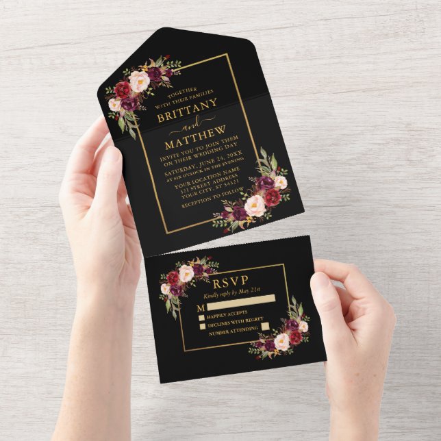 Invitation Tout En Un Aquarelle Bourgogne Floral Mariage Or Noir (Déchirure)