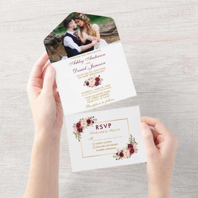 Invitation Tout En Un Aquarelle Bourgogne Floral Photo Mariage Or (Déchirure)