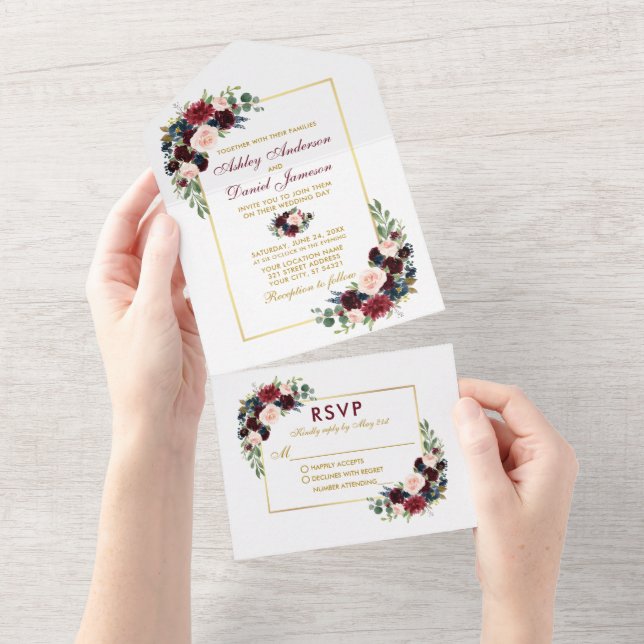 Invitation Tout En Un Aquarelle Burgundy Bleu Floral Mariage Or (Déchirure)