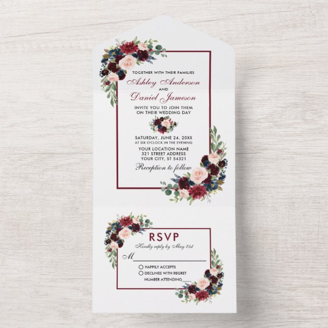 Invitation Tout En Un Aquarelle Burgundy Blue Floral Mariage (À l'intérieur)