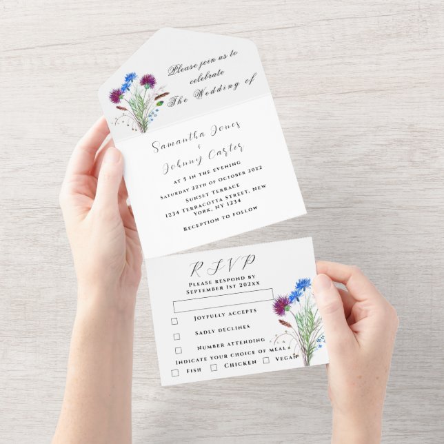 Invitation Tout En Un Aquarelle Chardon botanique Simple Mariage floral (Déchirure)